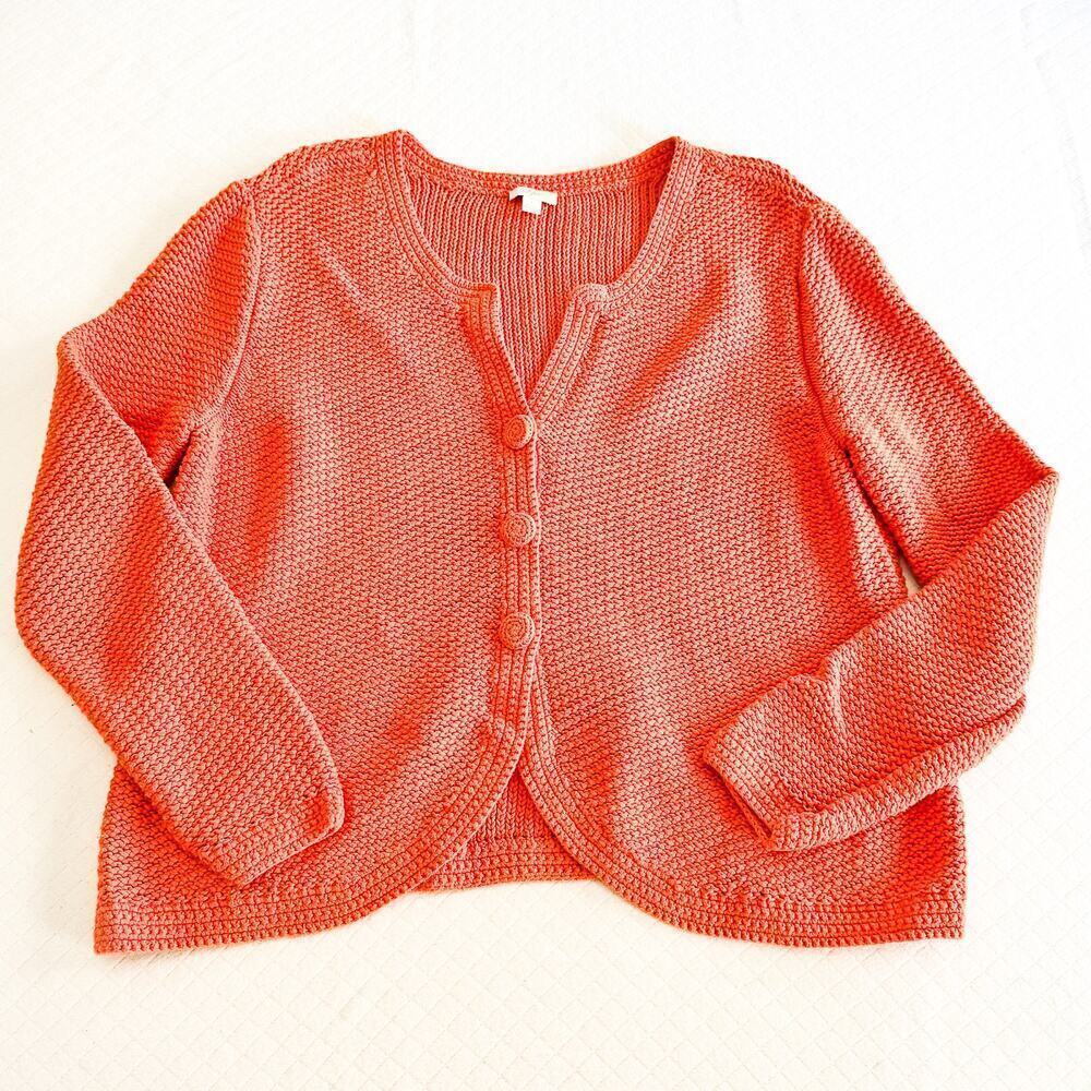 J. Jill 100% Cotton Crotchet Woven Cardigan Long Sleeve Sweater Orange SIze L